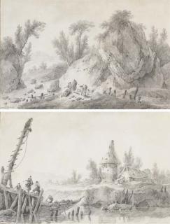 Jean Pillement - Un paysage rocheux avec trois figures, une vache et des chèvres près d\'une rivière; et Un paysage fluvial avec des figures sur un ponton et un pêcheur dans une barque tirant ses filets, une ferme au fond