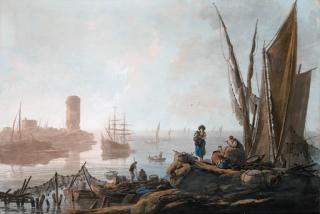 Jean Pillement - View of the River Tagus with fisherfolk on the shore, numerous vessels and an island with a tower beyond