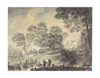 Jean Pillement - Washerwomen And Fishermen At A Stream, A Village Beyond