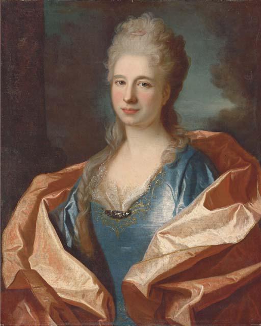 Jean Ranc - Portrait of a lady, bust-length, in a blue silk dress trimmed with lace and embroidered with gold thread and with a pink silk shawl, a landscape beyond