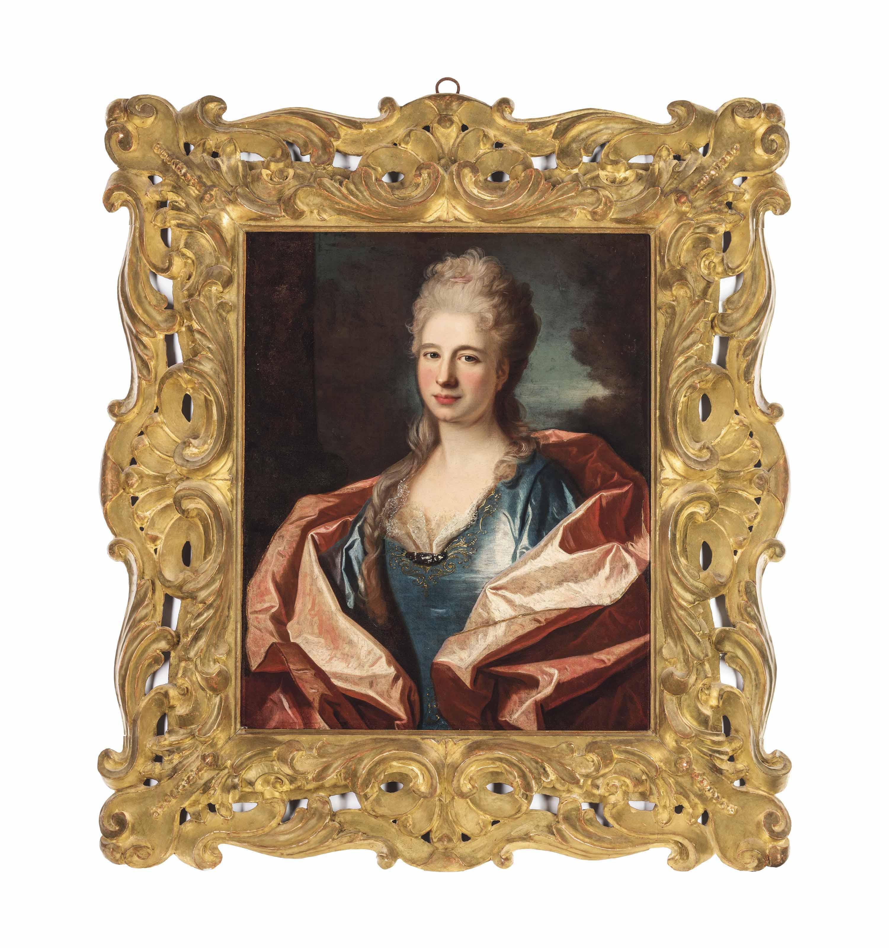 Jean Ranc - Portrait of a lady, bust-length, in a blue silk dress trimmed with lace and embroidered with gold thread