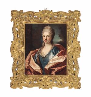 Jean Ranc - Portrait of a lady, bust-length, in a blue silk dress trimmed with lace and embroidered with gold thread