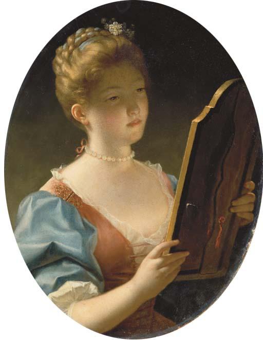 Jean Raoux - Portrait of a lady, bust-length, in a blue and brown silk dress with muslin trimmings and a pearl necklace looking into a dressing-table mirror