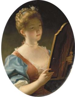 Jean Raoux - Portrait of a lady, bust-length, in a blue and brown silk dress with muslin trimmings and a pearl necklace looking into a dressing-table mirror