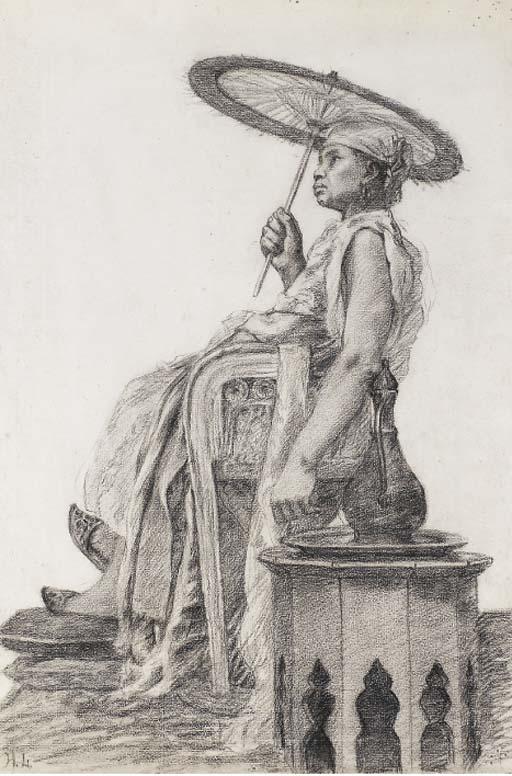 Jean-Raymond-Hippolyte Lazerges - Une Figure Orientale Assise, En Profil À Gauche, Tenant Une Ombrelle