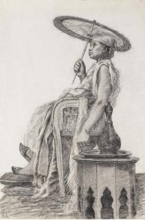 Jean-Raymond-Hippolyte Lazerges - Une Figure Orientale Assise, En Profil À Gauche, Tenant Une Ombrelle