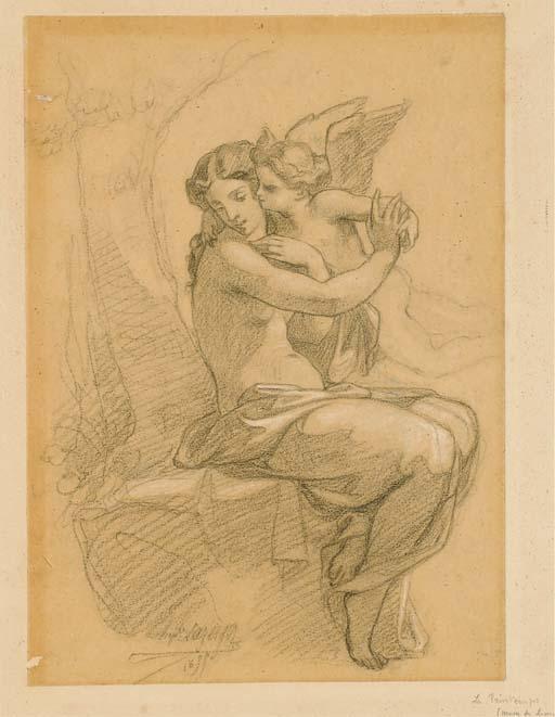 Jean-Raymond-Hippolyte Lazerges - Une nymphe assise repoussant l\'Amour