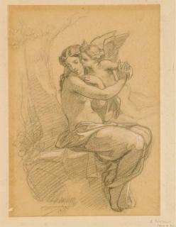 Jean-Raymond-Hippolyte Lazerges - Une nymphe assise repoussant l\'Amour