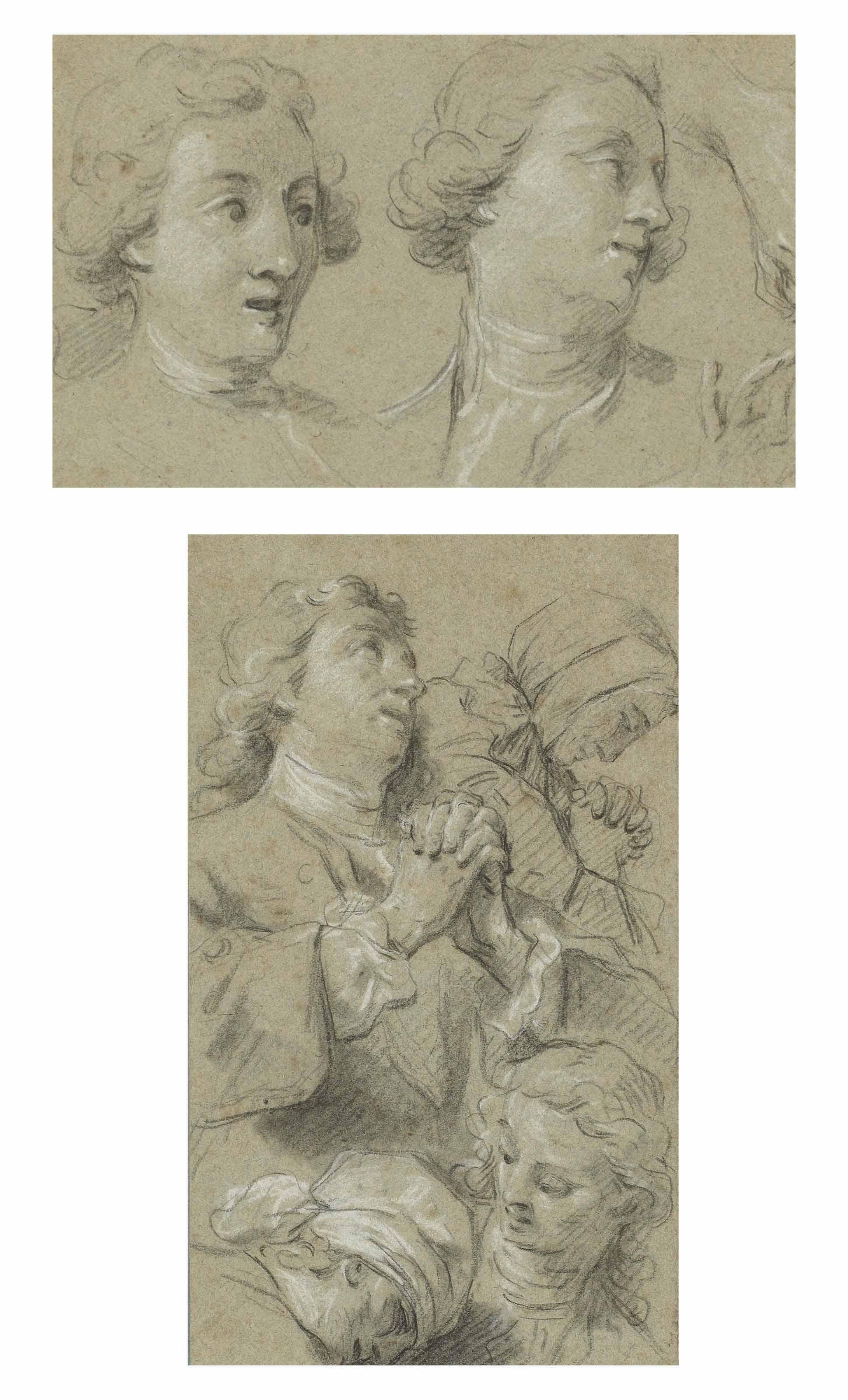 Jean Restout - Etude d\'hommes et de femmes priant; et Deux têtes d\'hommes et études subsidiaires de mains