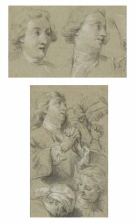 Jean Restout - Etude d\'hommes et de femmes priant; et Deux têtes d\'hommes et études subsidiaires de mains
