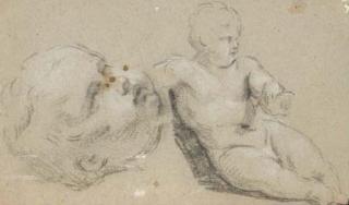 Jean Restout - Un bébé assis, tourné vers la droite avec une étude subsidiaire de la tête