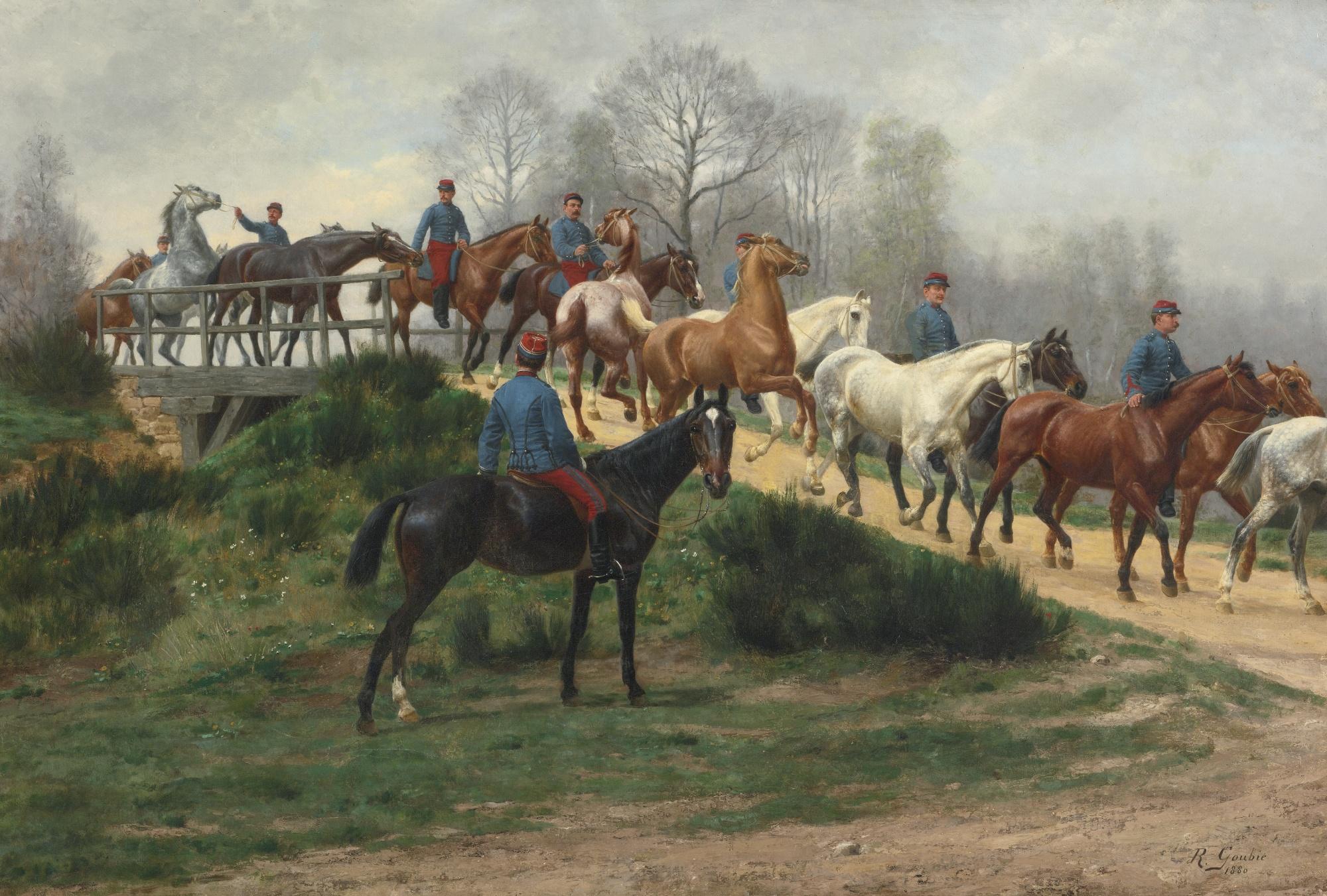 Jean Richard Goubie - French soldiers Leading Horses Over A Bridge