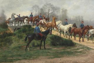 Jean Richard Goubie - French soldiers Leading Horses Over A Bridge