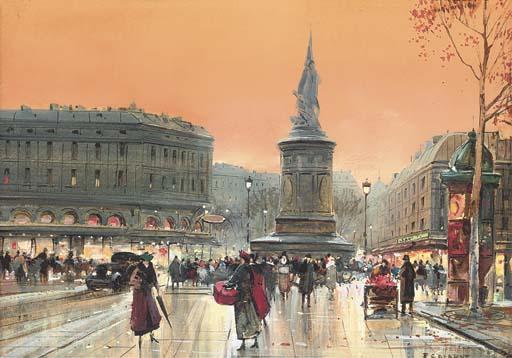 Jean Salabet - A Bustling Parisian Square At Dusk