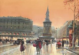 Jean Salabet - A Bustling Parisian Square At Dusk