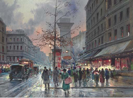 Jean Salabet - A Busy Parisian Street At Dusk