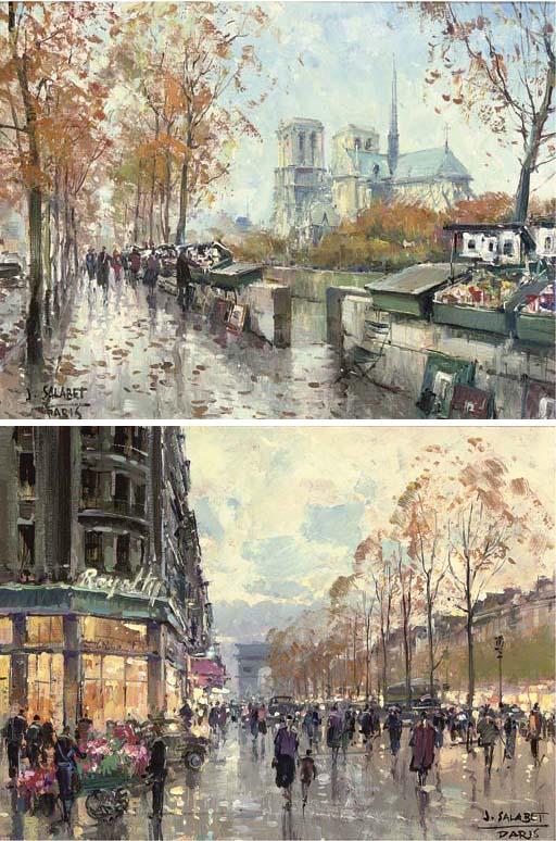 Jean Salabet - Book sellers on the banks of the Seine, Notre Dame beyond; and Les Champs Elysèes, Paris