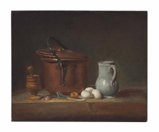 Jean Siméon Chardin - A Copper Saucepan, A Pestle And Mortar, A Pitcher, A Scallion, Eggs And An Onion On A Shelf