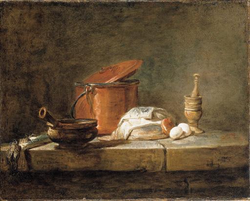 Jean-Siméon Chardin - Leeks, a casserole with a cloth, a copper pot and cover, an onion and eggs with a pestle and mortar, on a stone ledge