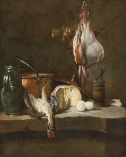 Jean-Siméon Chardin - Still Life With A Ray-Fish, A Basket Of Onions, Eggs, Cheese, A Green Jug And A Copper Pot, With A Mortar And Pestle On A Stone Ledge
