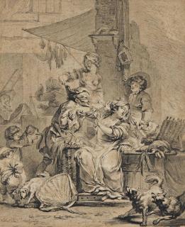 Jean Touzé - Scène De Marché Avec Un Homme Importunant Une Jeune Femme