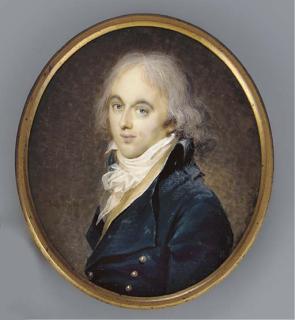 Jean-Urbain Guérin - A young gentleman, facing left in blue coat with gold buttons, beige coloured waistcoat and tied cravat, powdered curling hair