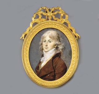 Jean-Urbain Guérin - A young gentleman, facing left in brown coat, beige waistcoat and tied cravat, long powdered curling hair