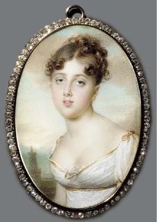 Jean-Urbain Guérin - A young lady, facing left in gold-bordered white silk dress with lace underdress, her dark hair dressed in curls; tower and cloud and sky background