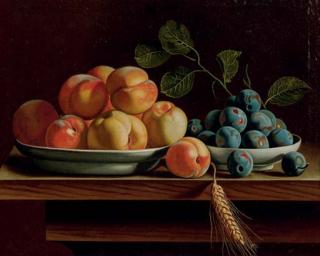 Jean Valette-Falgores - Peaches and plums in dishes with a blade of wheat on a tabletop