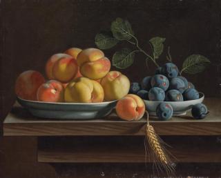 Jean Valette-Falgores - Peaches And Plums In White Porcelain Bowls, With A Sheaf Of Corn On A Wooden Table