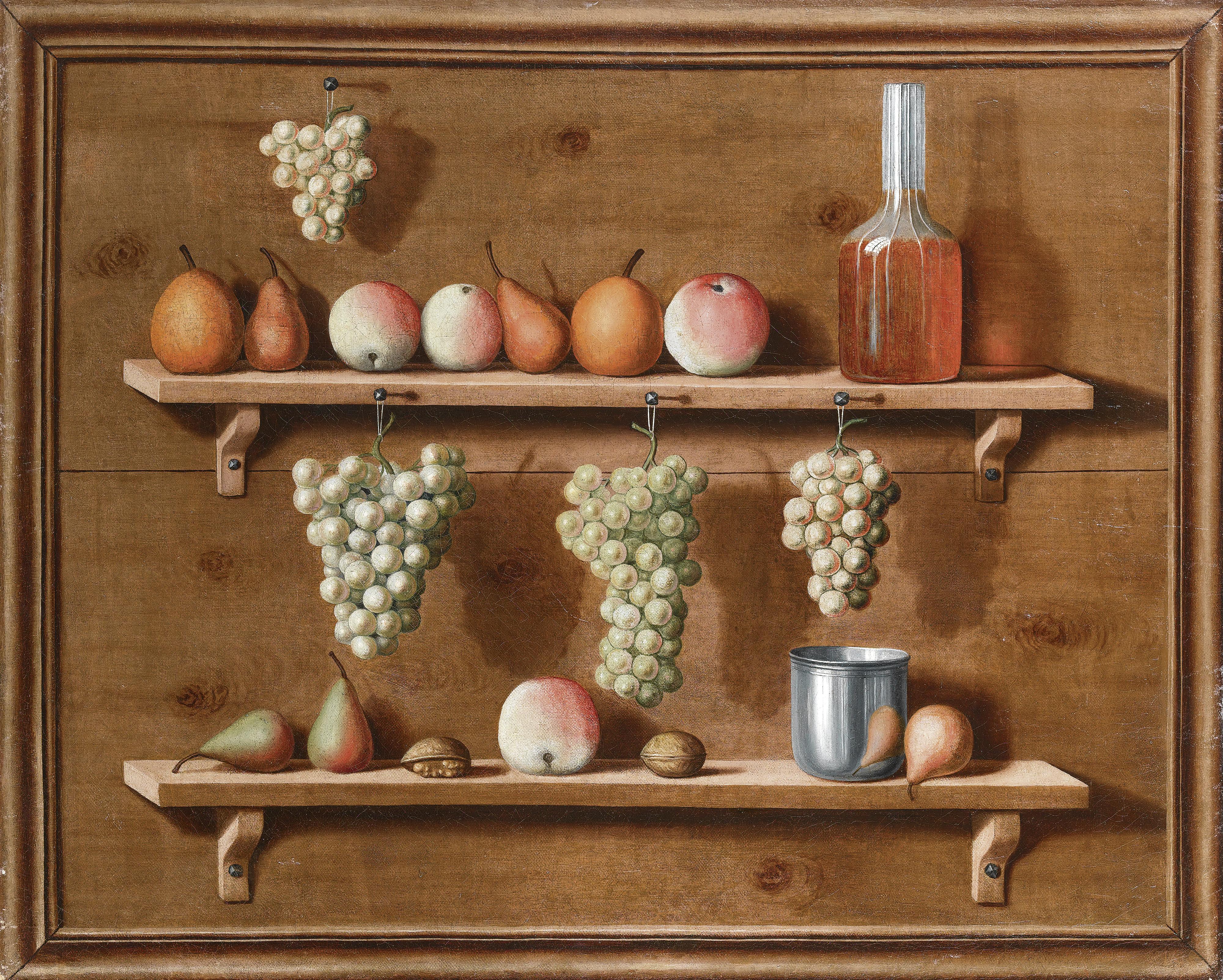 Jean Valette-Falgores - Trompe L\'Oeil Of Pears, Apples And Nuts Resting On Ledges And Bunches Of Grapes Hanging From Ledges All Within A Painted Frame