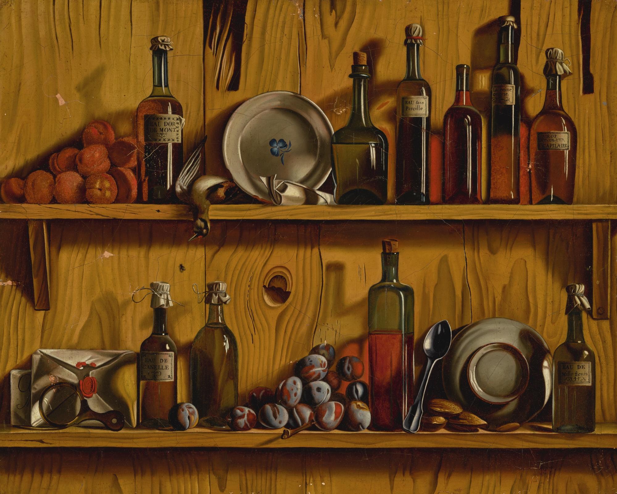 Jean Valette-Falgous - Trompe L\'Oeil Still Life Of Bottles, Fruit, Plates And Other Objects Along Two Wooden Shelves
