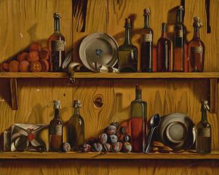Jean Valette-Falgous - Trompe L\'Oeil Still Life Of Bottles, Fruit, Plates And Other Objects Along Two Wooden Shelves