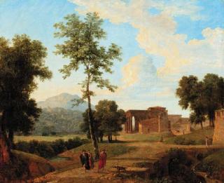 Jean-Victor Bertin - A Classical Landscape With Figures On A Causeway, A Town Beyond