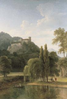 Jean-Victor Bertin - A river landscape with classical figures in a boat, a hilltop castle beyond