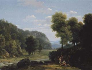 Jean-Victor Bertin - An Italianate landscape with women collecting water, a shepherd and his flock beyond; and An Italiante landscape with herdsmen watering at a stream, with a town beyond