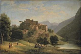 Jean-Victor Bertin - An Italianate mountainous river landscape with a hill-top town and an ox-drawn cart with figures