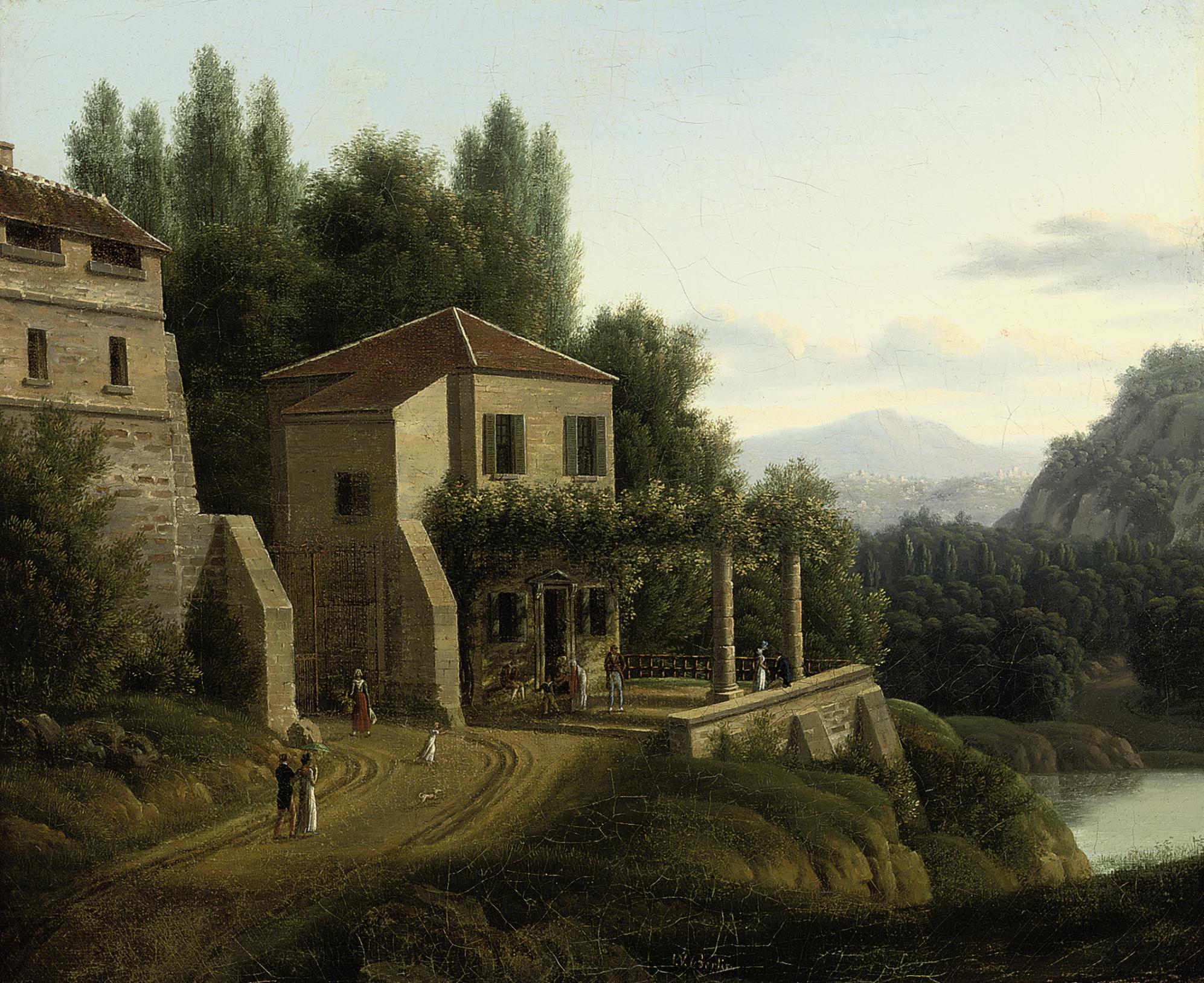 Jean-Victor Bertin - An Italianate river landscape with elegant company before a villa