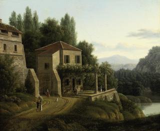 Jean-Victor Bertin - An Italianate river landscape with elegant company before a villa