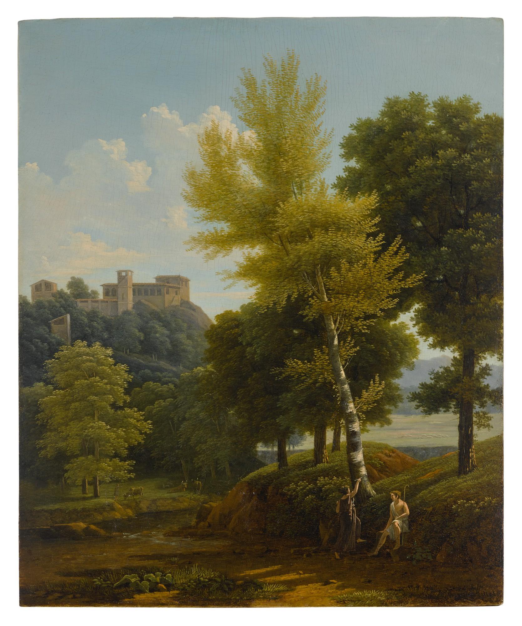 Jean-Victor Bertin - View of a brook in the countryside, a castle in the hillside above, with Pâris and Oenone in the foreground