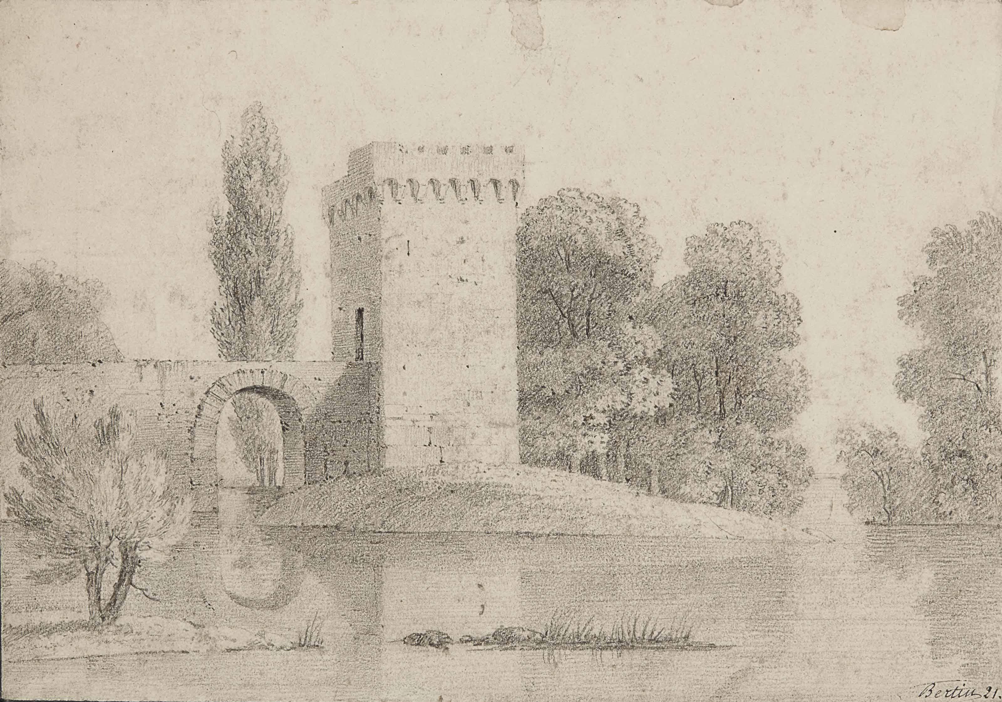 Jean-Victor Bertin - Vue d  ’  un lac avec une tour et un pont