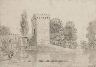 Jean-Victor Bertin - Vue d  ’  un lac avec une tour et un pont