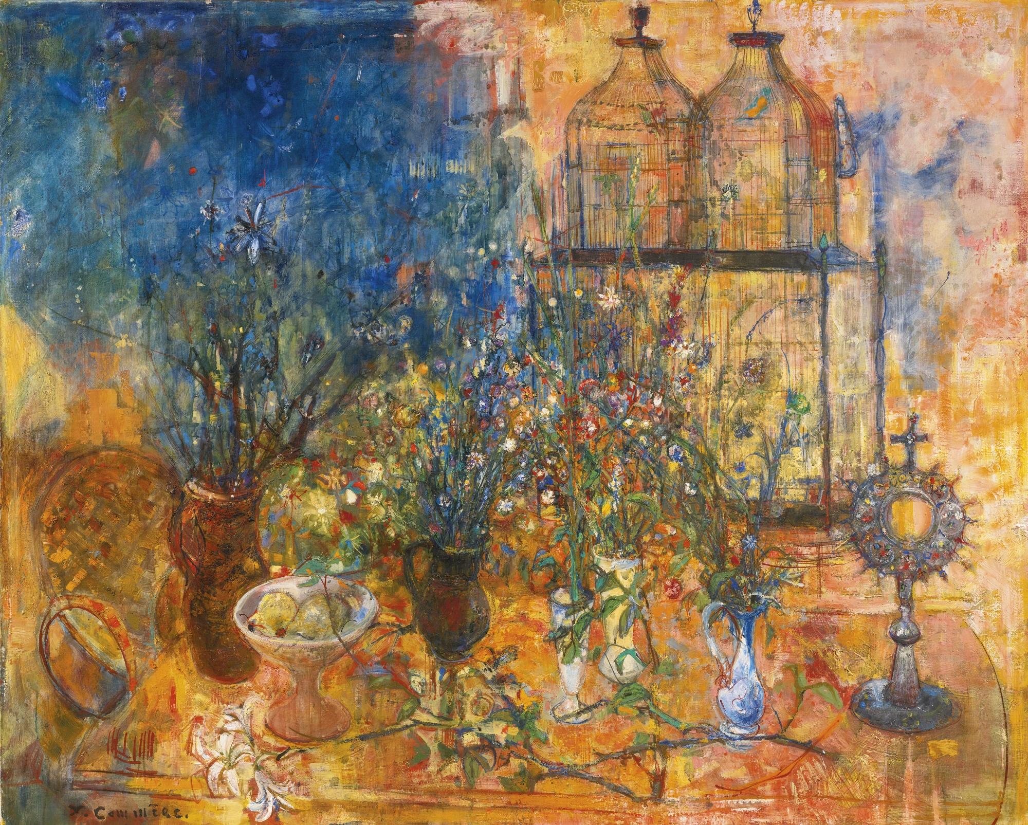 Jean-Yves Commère - Nature Morte Aux Fleurs Et Compotier