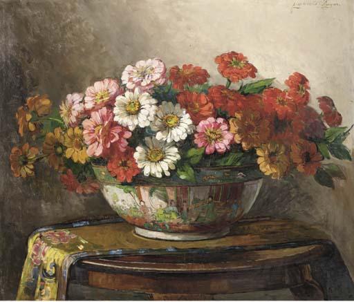 Jeannette Slager - Summer Flowers In An Oriental Bowl On A Draped Table