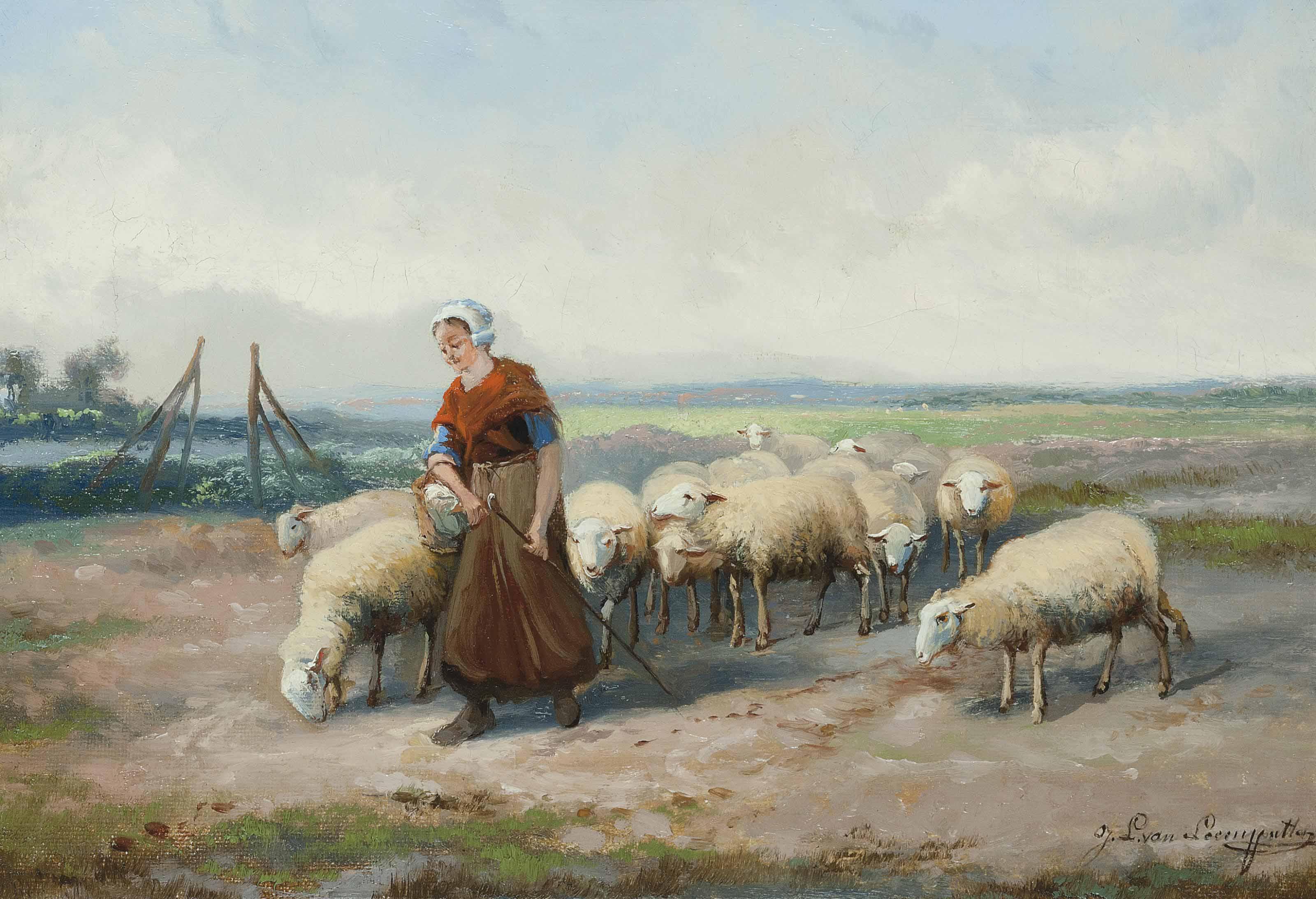Jef Louis Van Leemputten - A Shepherdess with her flock
