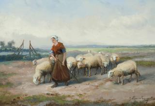 Jef Louis Van Leemputten - A Shepherdess with her flock