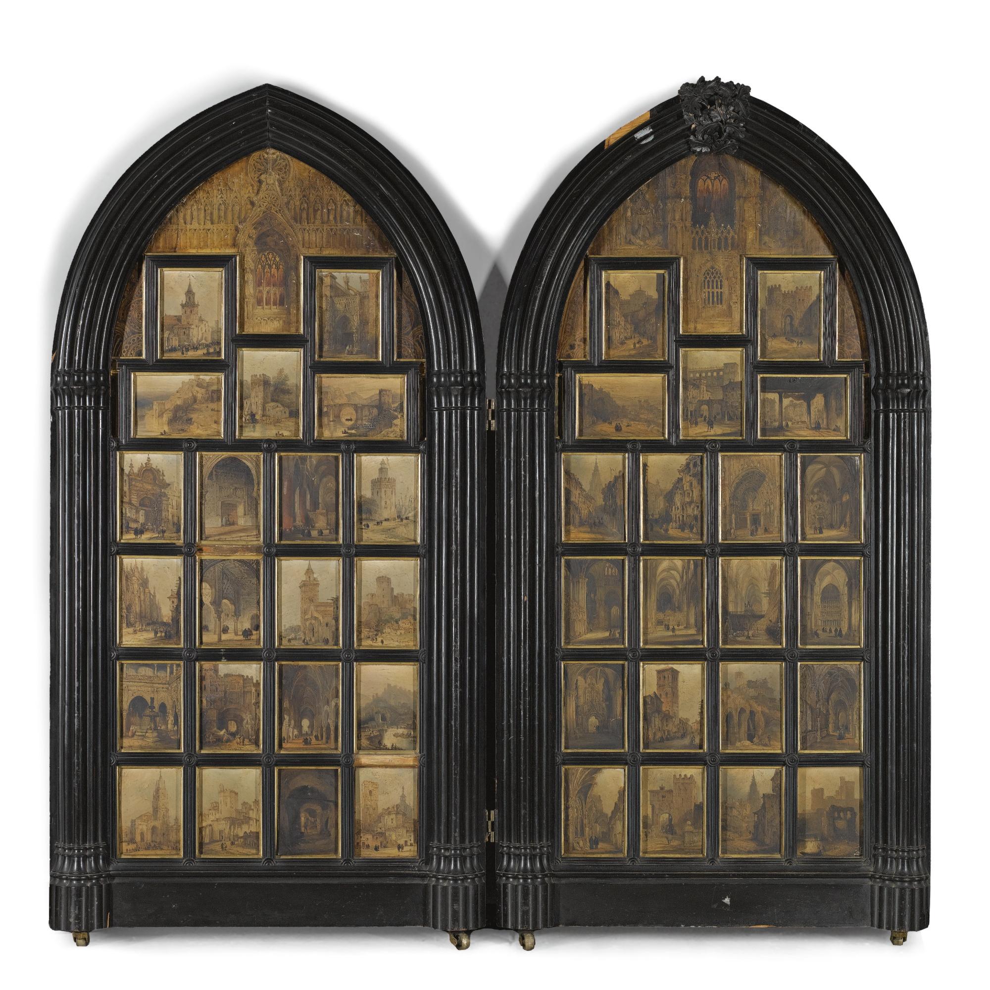 Jenaro Pérez Villaamil - Spanish 42 Views Of Spanish Towns Including Toledo, Seville, Córdoba, Oviedo And Granada, Mounted In A 19Th Century Ebonised Gothic Two-Fold Screen