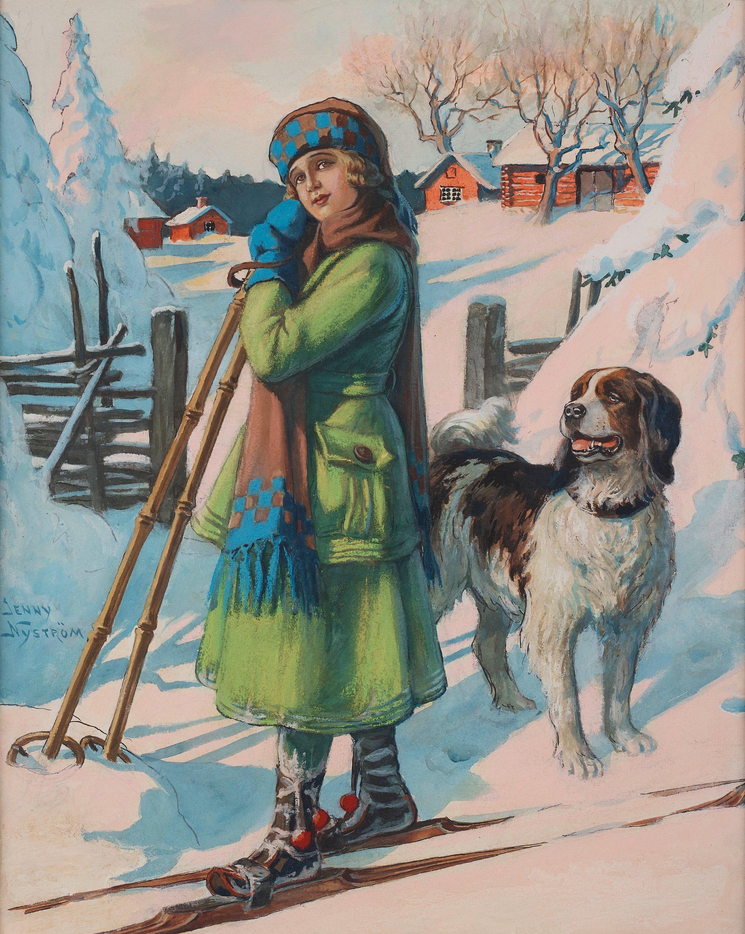 Jenny Nyström - Girl on skis with a dog