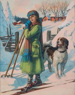 Jenny Nyström - Girl on skis with a dog