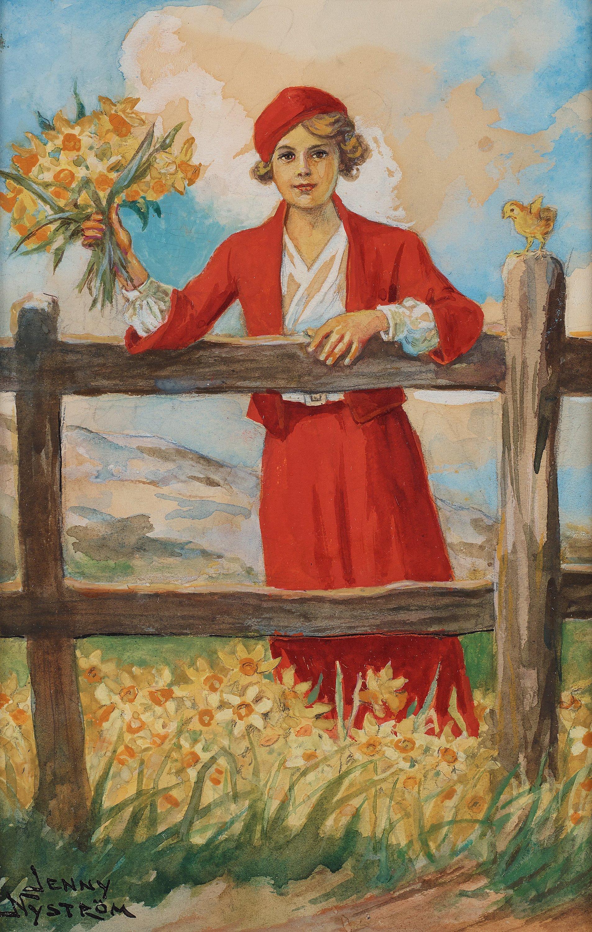 Jenny Nyström - \'Glad Påsk\', Young girl with daffodils
